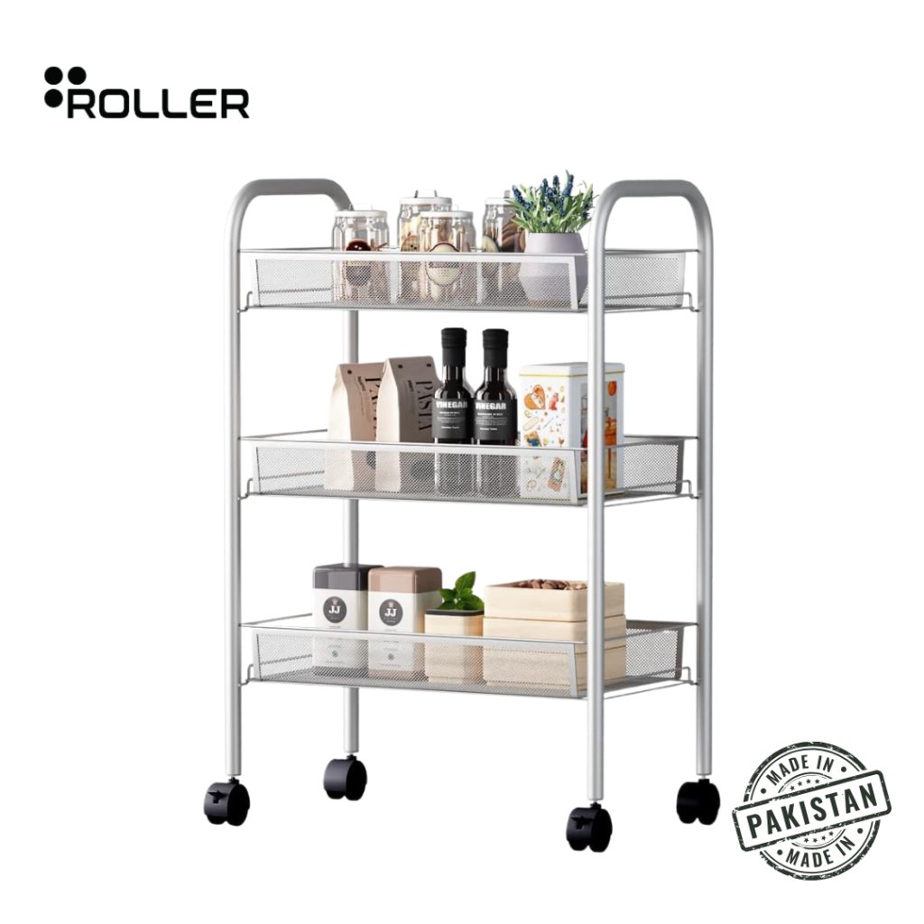Silver Grey 3-Tier Rolling Cart