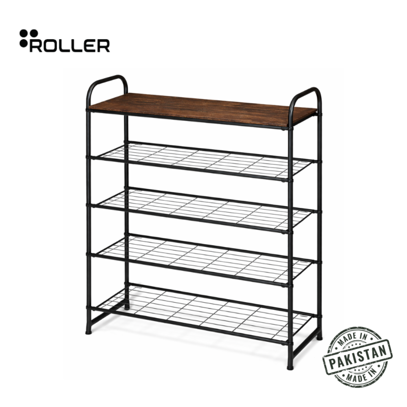Multi-tier shoe rack for entryway — steel frame with wood surface