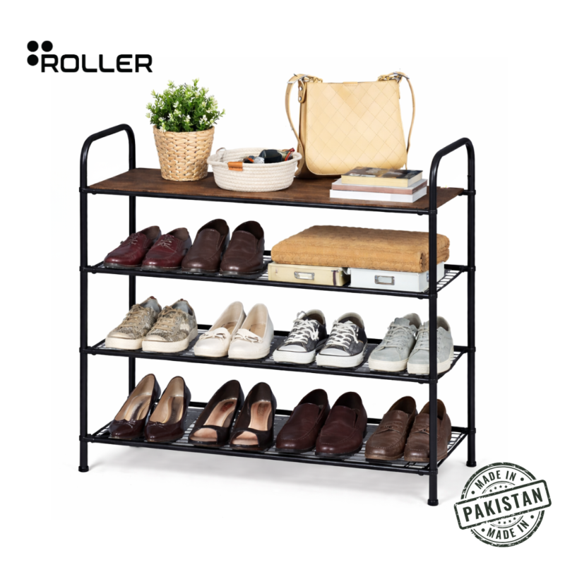 Roller Shoe Rack – Space-Saving Multi-Tier Shoe Organizer (main) Metal shoe rack Pakistan with wooden top — 12+ pairs by Roller