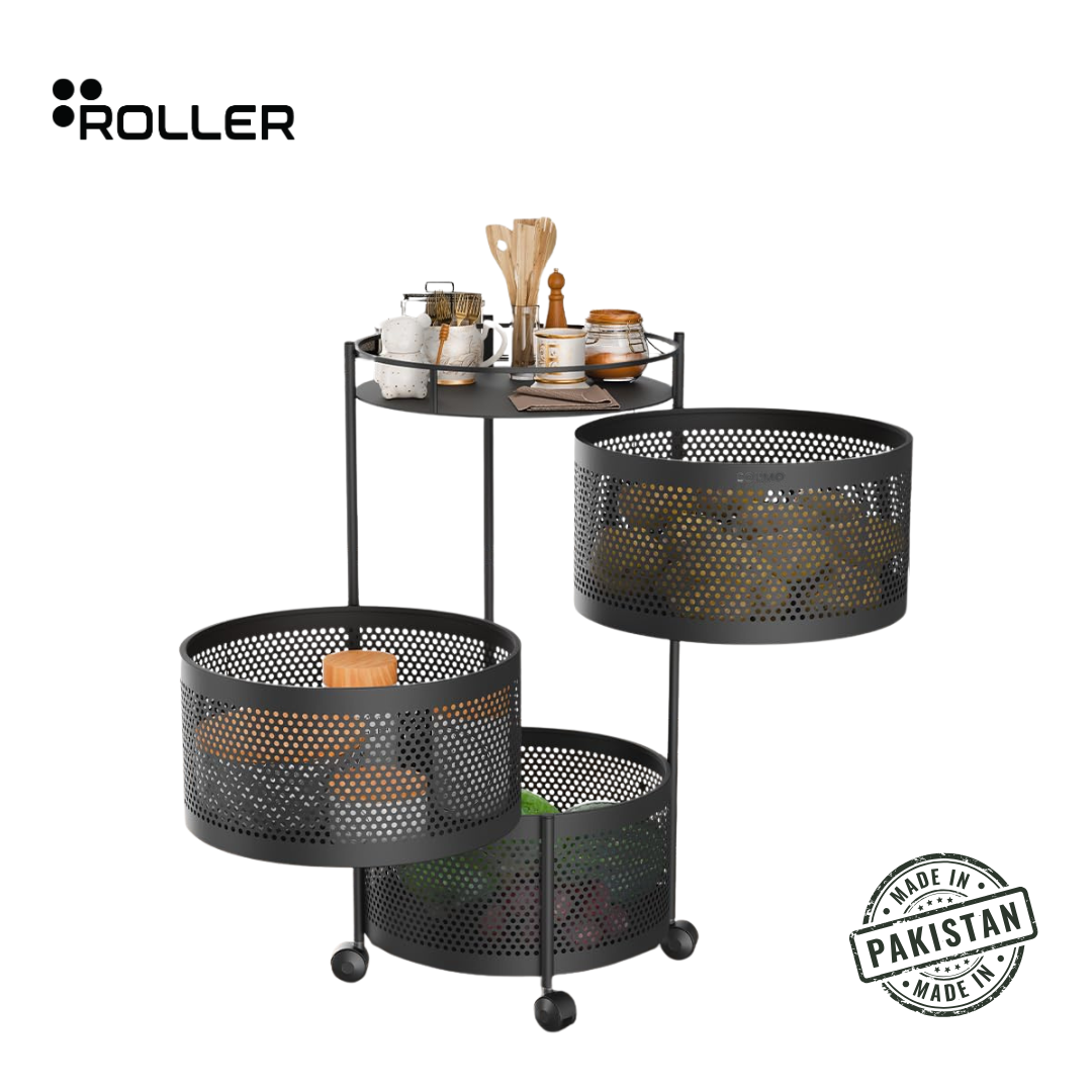 360° Round Rotating Multi-Tier Utility Rack with Wheels – Kitchen & Home Storage (Black)