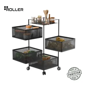 360 Rotating Multi-Tier Utility Rack with Wheels - Kitchen & Home Storage (Black)