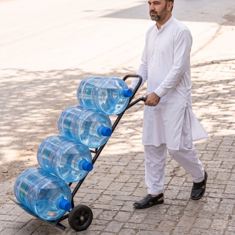 Water bottle trolley carrying four 19 litre bottles down a street