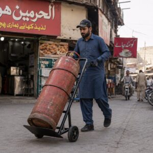 Heavy duty loading trolley carrying a 45 kg commercial gas cylinder to a restaurant