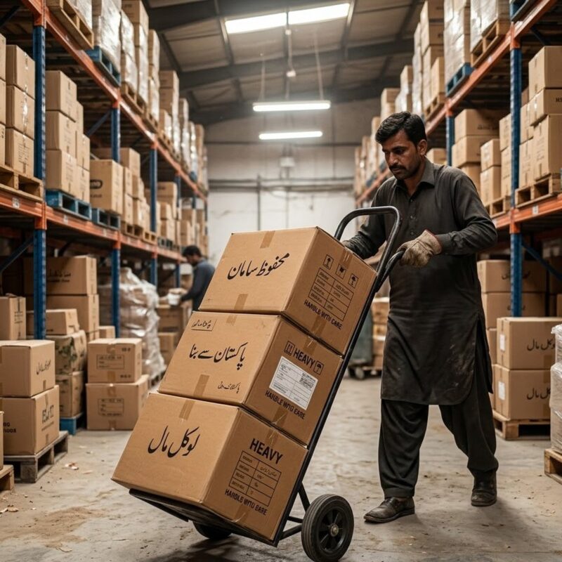 Heavy duty hand trolley moving three heavy cartons in a warehouse
