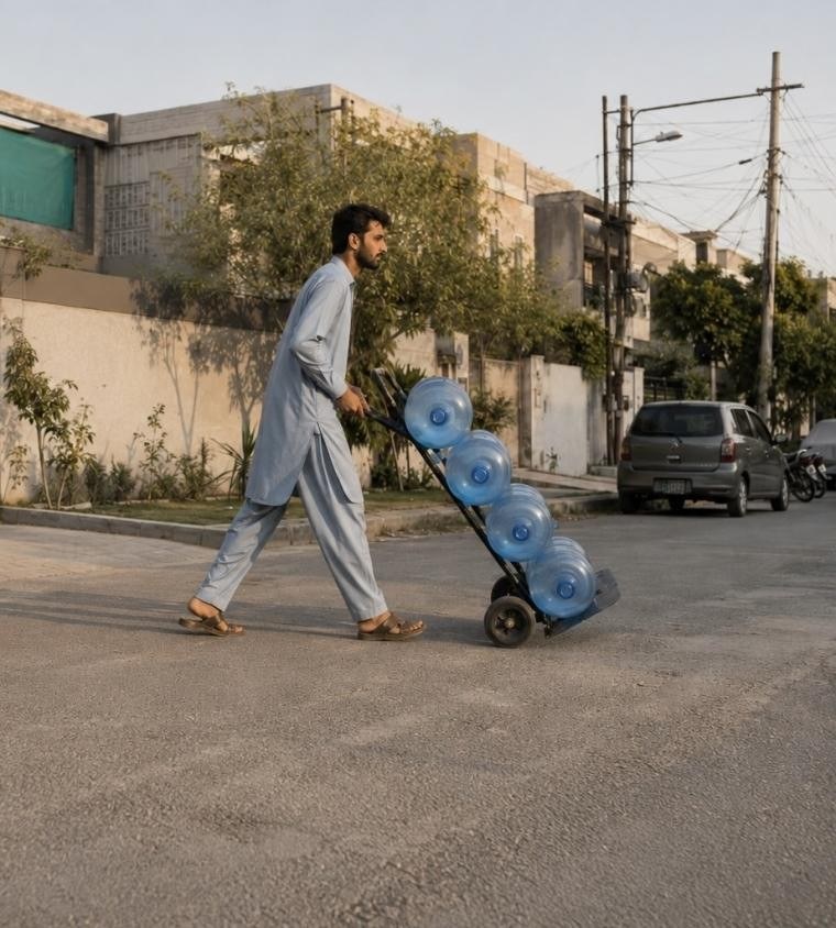 Delivery man pushing the heavy duty loading trolley with water bottles across a street