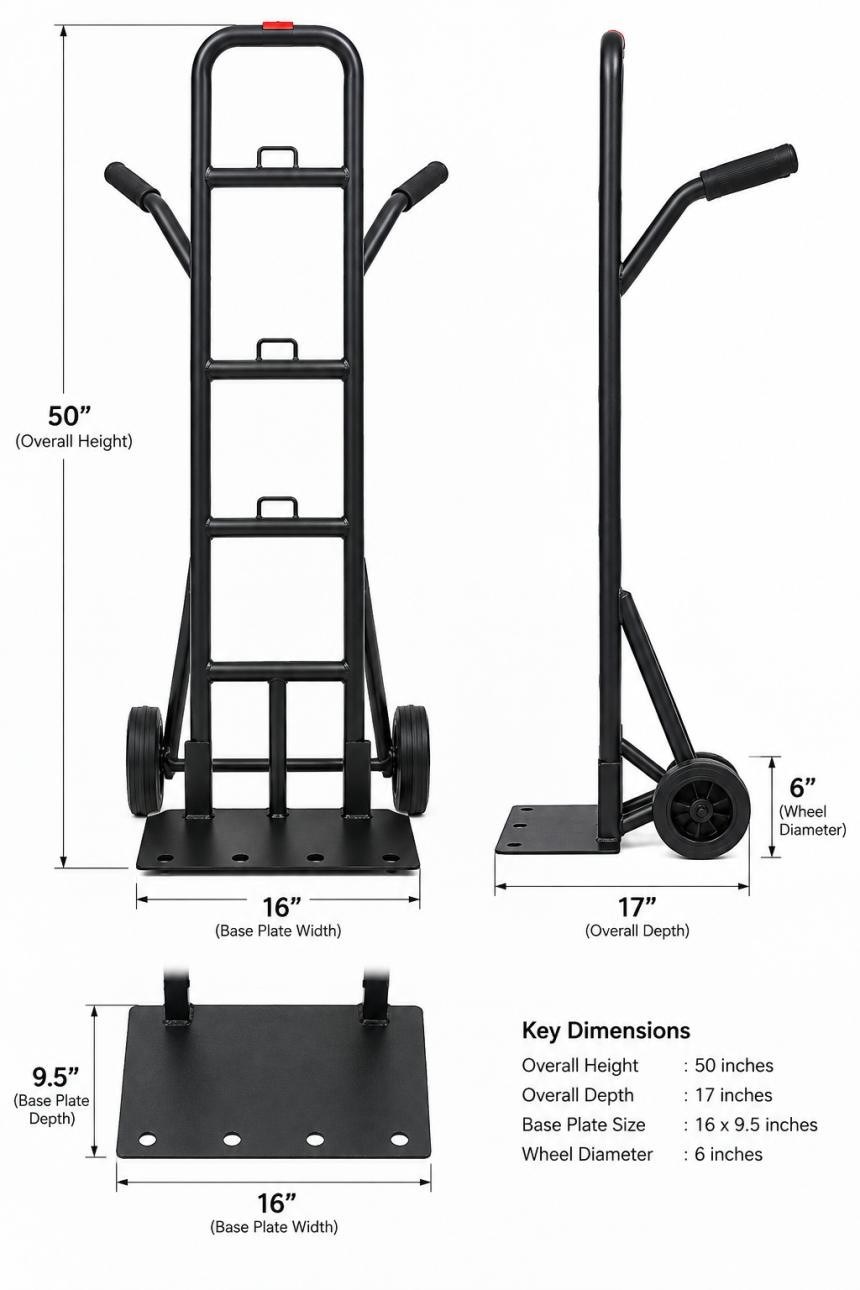 Heavy duty trolley dimensions: 50 inch height, 17 inch depth, 16 x 9.5 inch base plate, 6 inch wheels