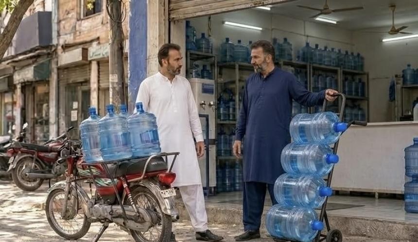 Water bottles roped to a motorcycle beside four bottles strapped on the heavy duty trolley