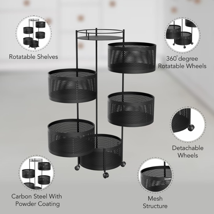 360 Rotating 4-Tier Kitchen Storage Rack with Wheels | Multi-Purpose ...