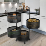 360° Round Rotating Multi-Tier Utility Rack with Wheels – Kitchen & Home Storage (Black) (6) Multi-tier pantry organiser — 360 rotating steel rack Roller