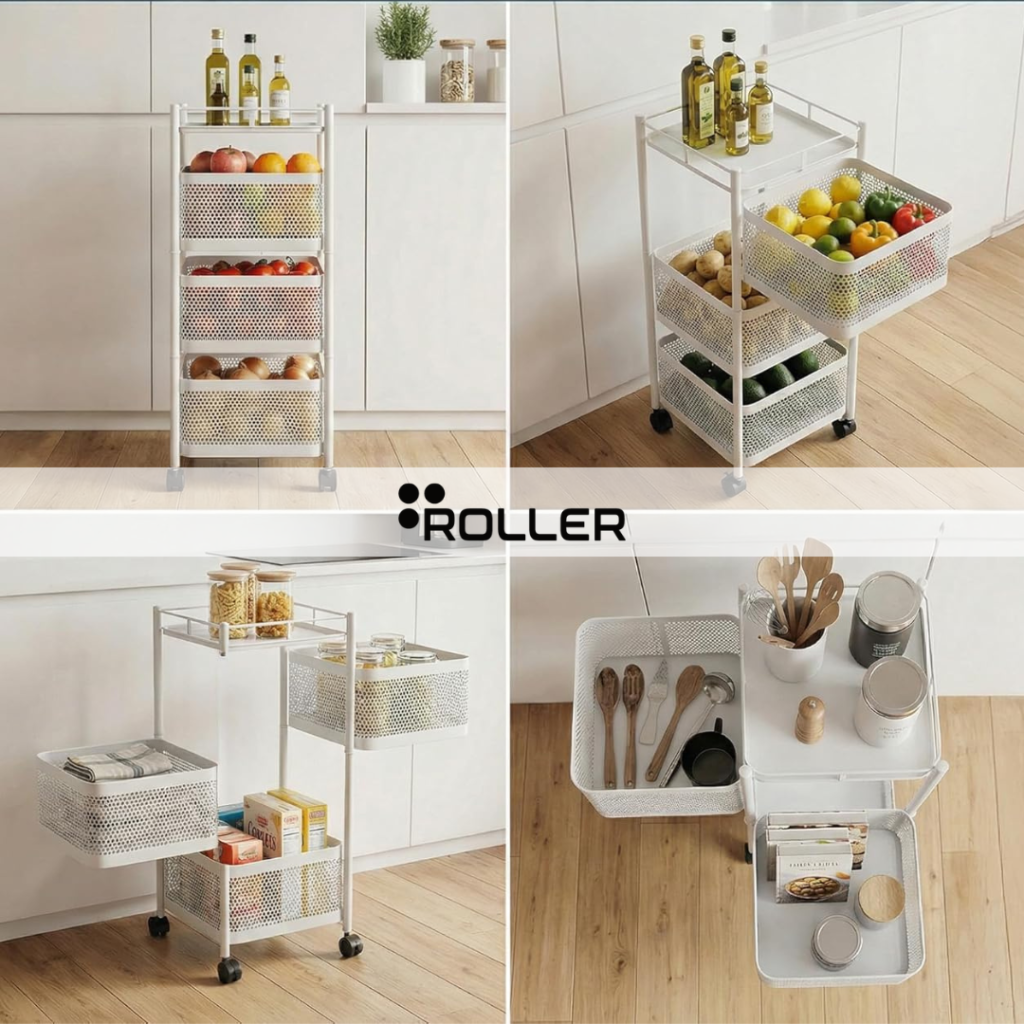 360 Rotating 4-Tier Kitchen Rack with Wheels | Multi-Purpose Storage ...