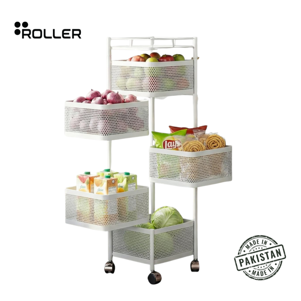 Square Rotating Multi-Tier Utility Rack with Wheels – Kitchen & Home Storage (White)