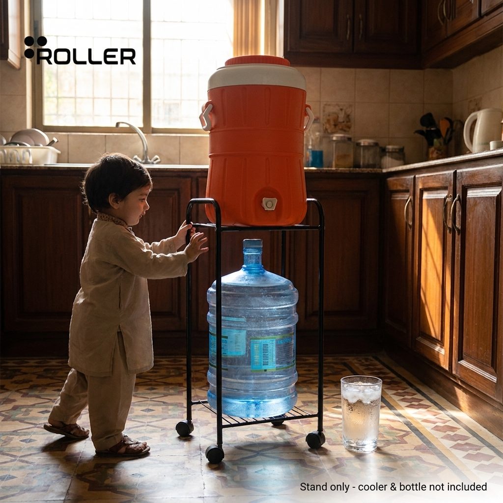 Child reaching the tap of a cooler resting on the Roller steel water stand, spare 19L bottle on the lower tier