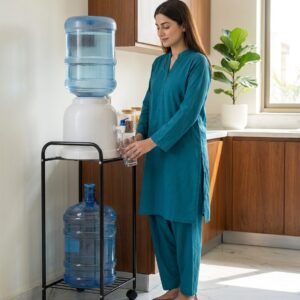 Woman filling a glass from a dispenser on the Roller water stand at hip height, spare 19L bottle stored below