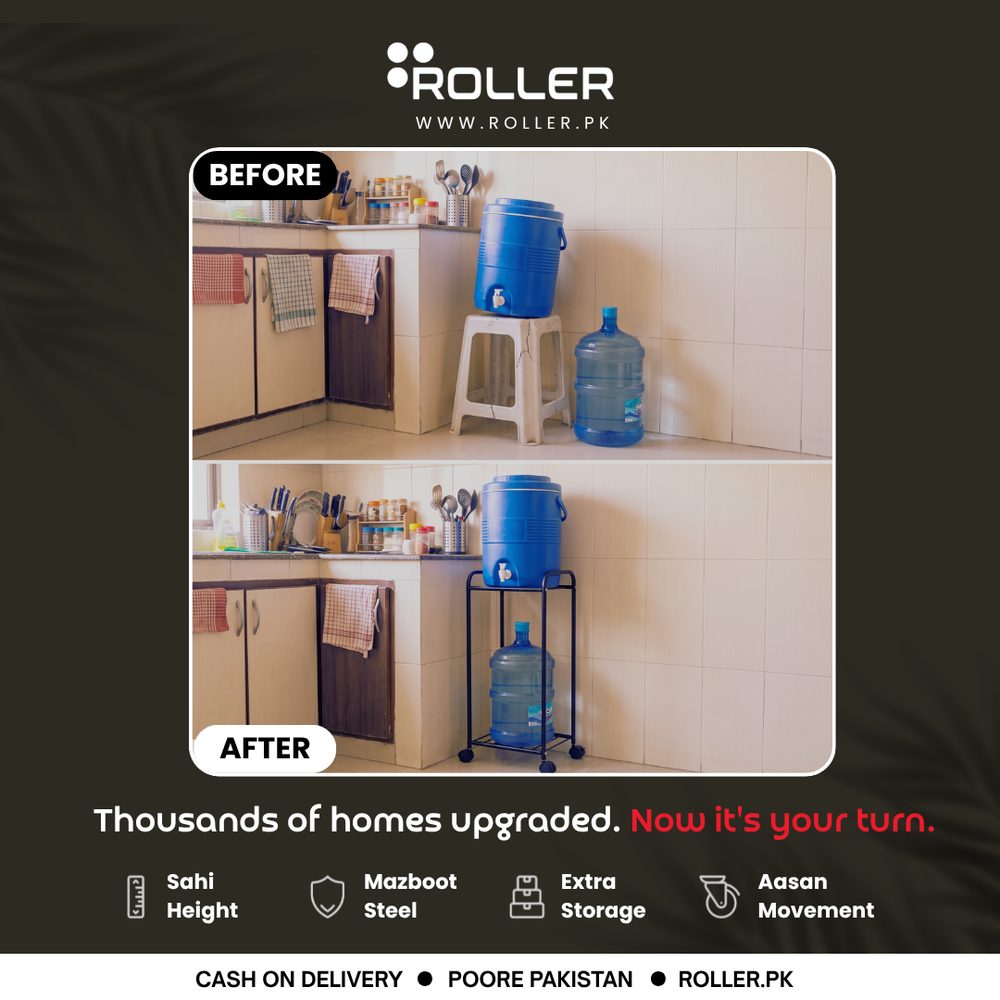Customer photo: water cooler on a stool with the spare bottle on the floor, replaced by the Roller two-tier steel stand