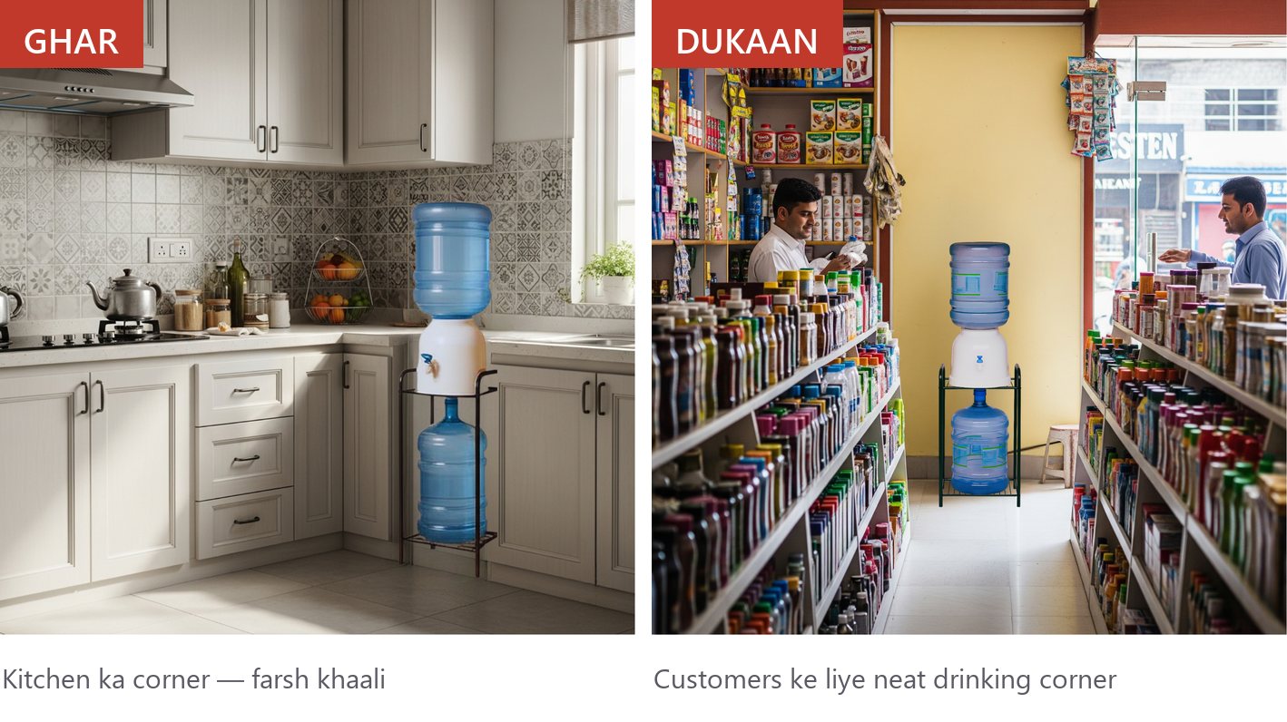 Roller water dispenser stand in use in a Pakistani home kitchen and in a shop, cooler on the upper tier and spare 19L bottle below