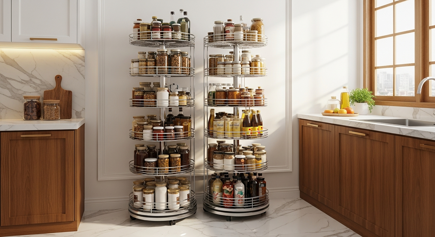 360 rotating rack fully loaded with pantry items in Pakistani kitchen corner