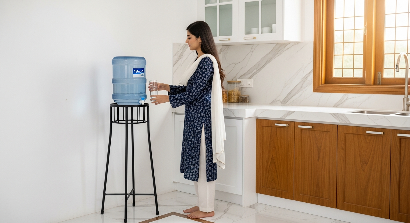 Water dispenser stand in Pakistani kitchen holding 19-litre gallon at dispensing height