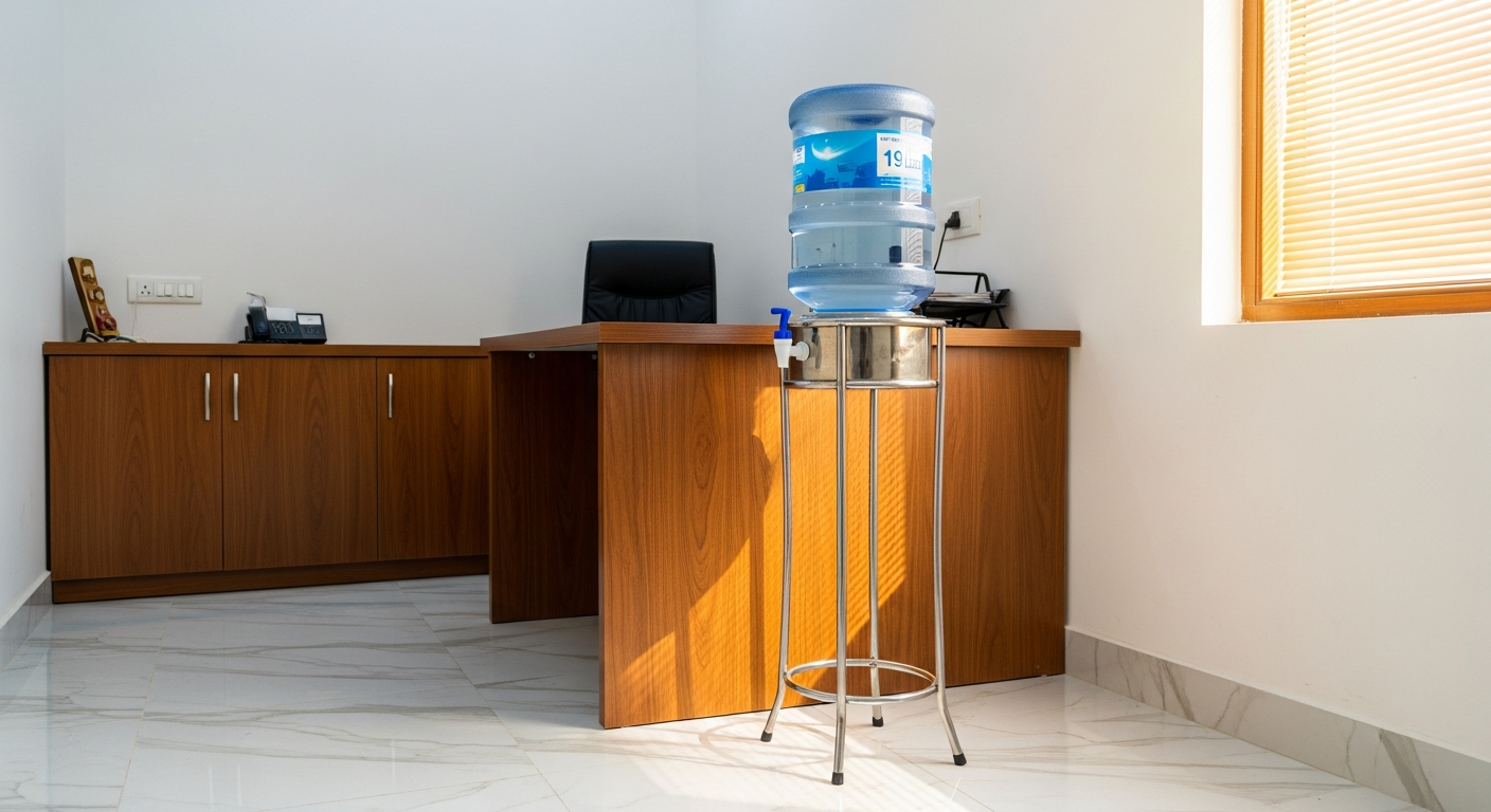 Water dispenser stand with 19-litre gallon in Pakistani office setting