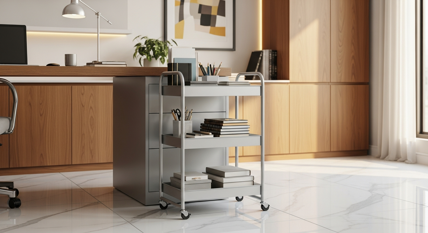 Silver grey 3-tier rolling cart beside desk in Pakistani home office with stationery