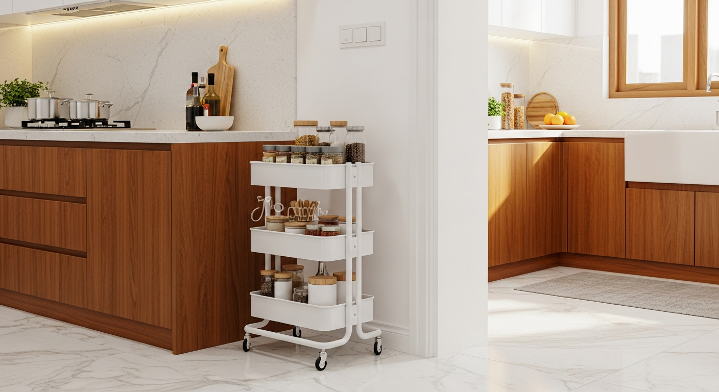 White 3-tier rolling cart beside kitchen counter in modern Pakistani home
