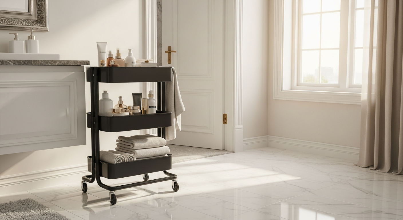 Black 3-tier rolling cart in Pakistani bathroom with beauty products and towels on shelves